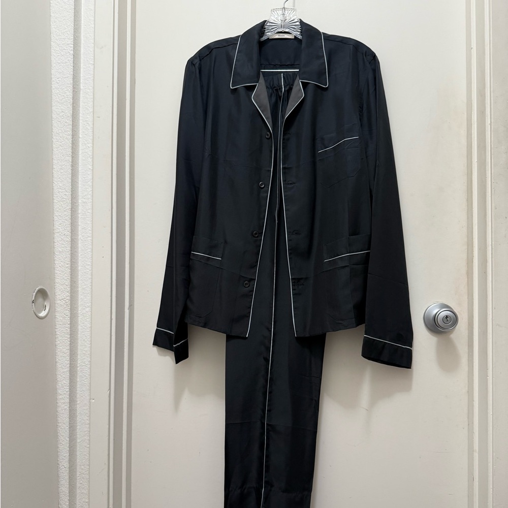 Prada Woman’s Black Pajama Set with Powder Blue Piping.